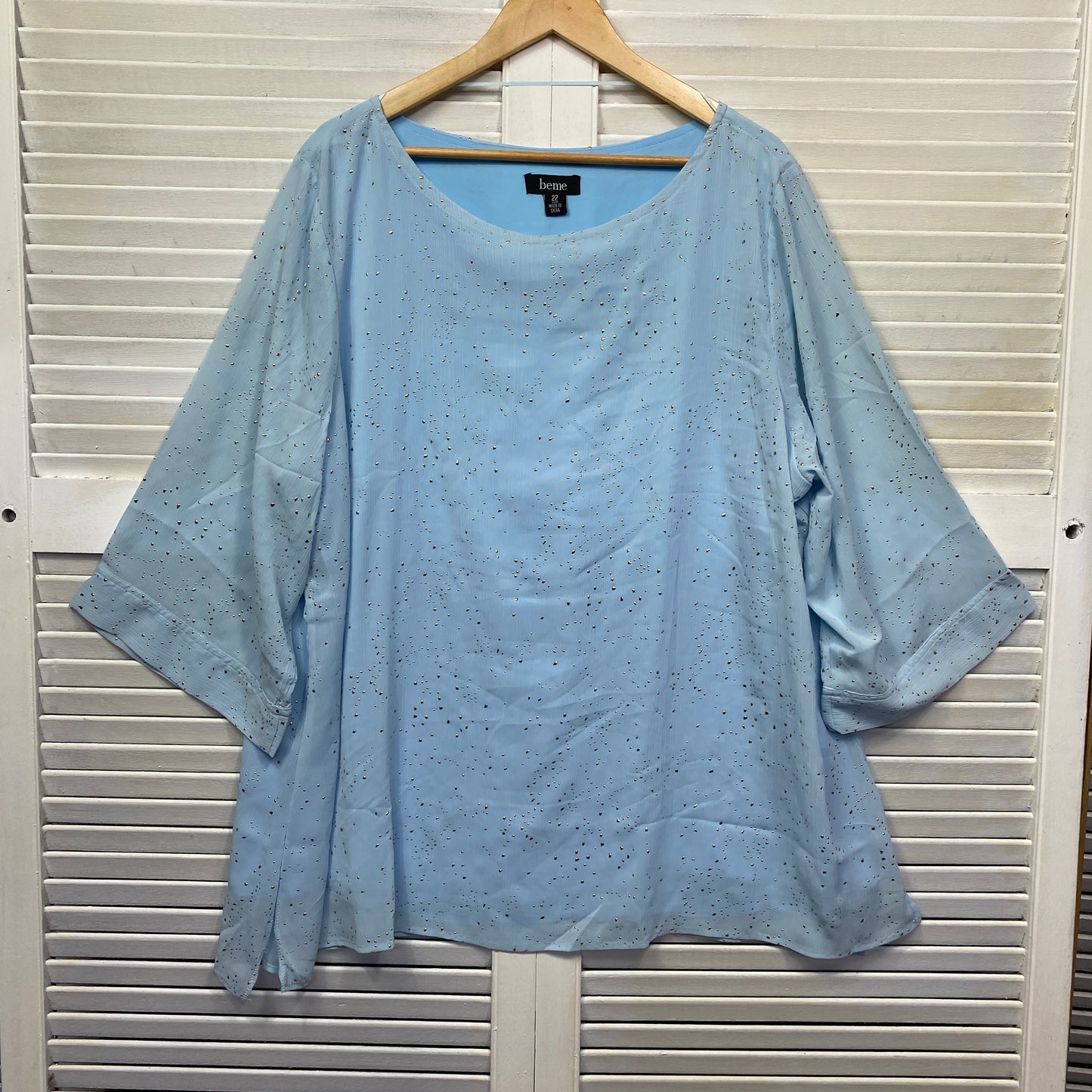 beme Top Size 22 Plus Blue Long Sleeve Beaded Lined Sheer Overlay