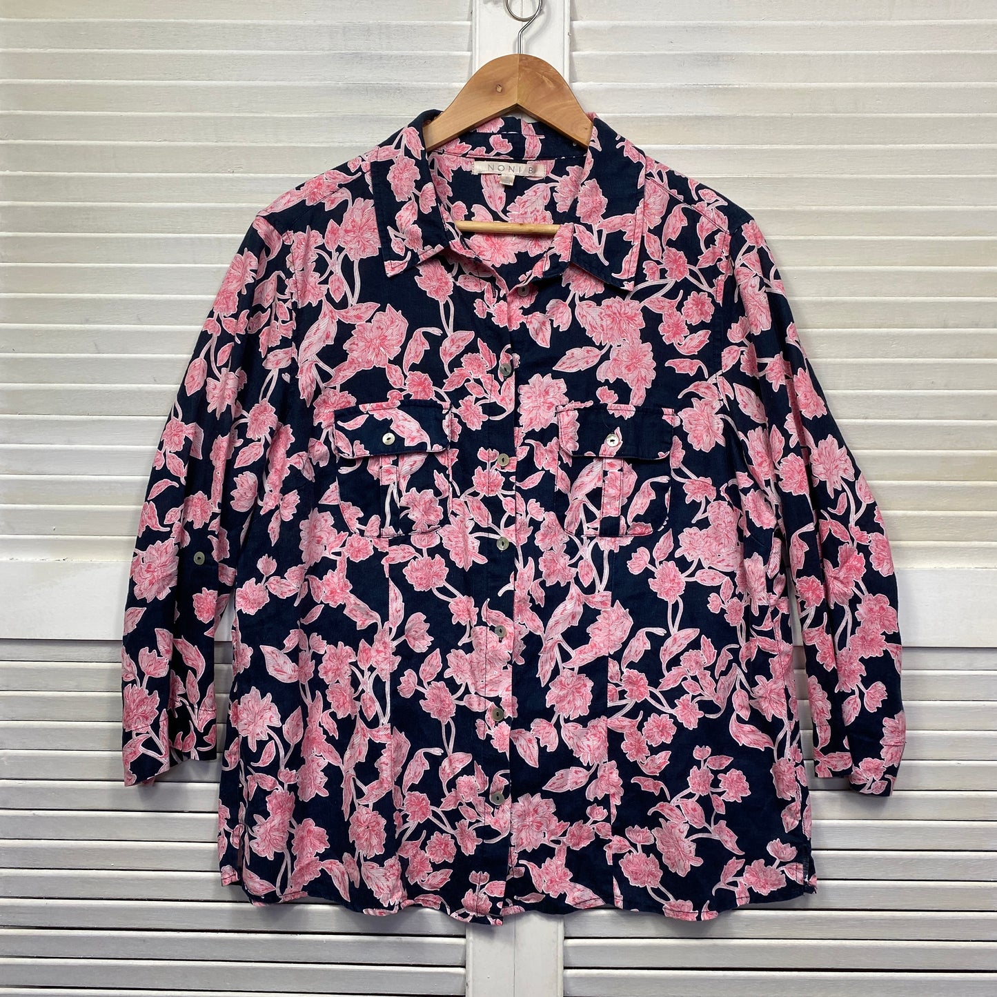 Noni B Linen Top Size 16 Plus Navy Pink Floral Long Sleeve Button Up