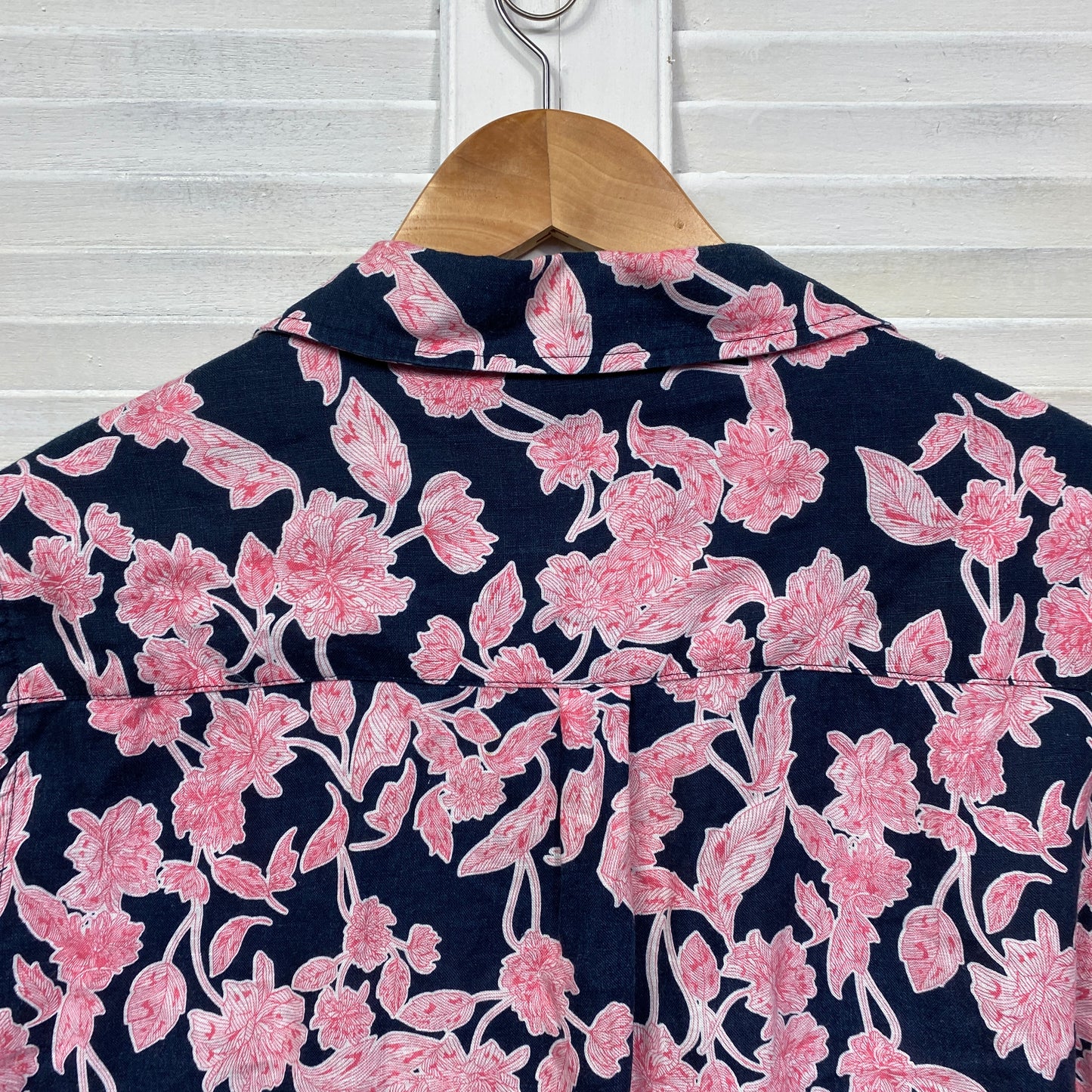 Noni B Linen Top Size 16 Plus Navy Pink Floral Long Sleeve Button Up