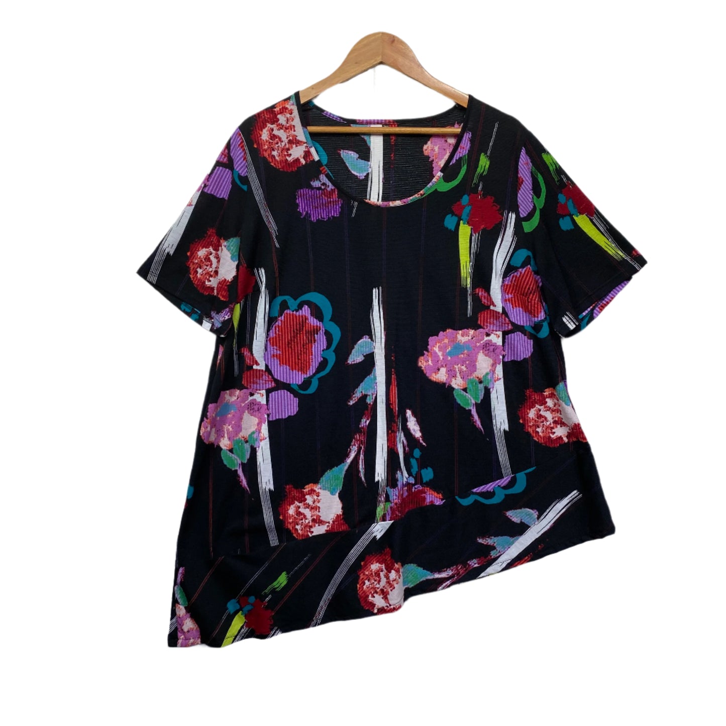 Taking Shape Tunic Top Size 16 18 Black Floral Short Sleeve