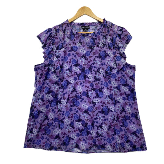 City Chic Top Size 18 Plus Medium Purple Floral Short Sleeve