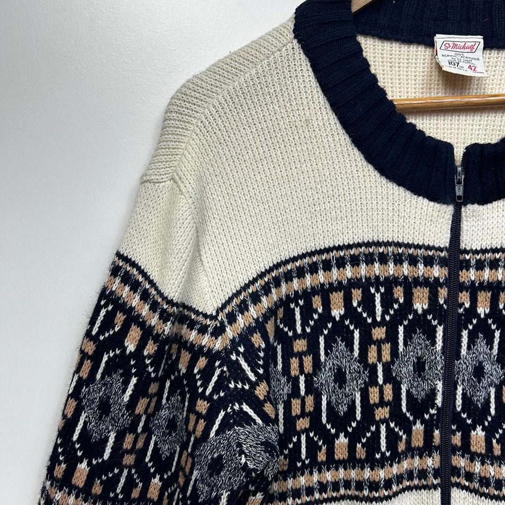 Vintage St Michael Nordic Fair Isle  Zip Knit Jumper Cardigan Mens L / Womens 16/18