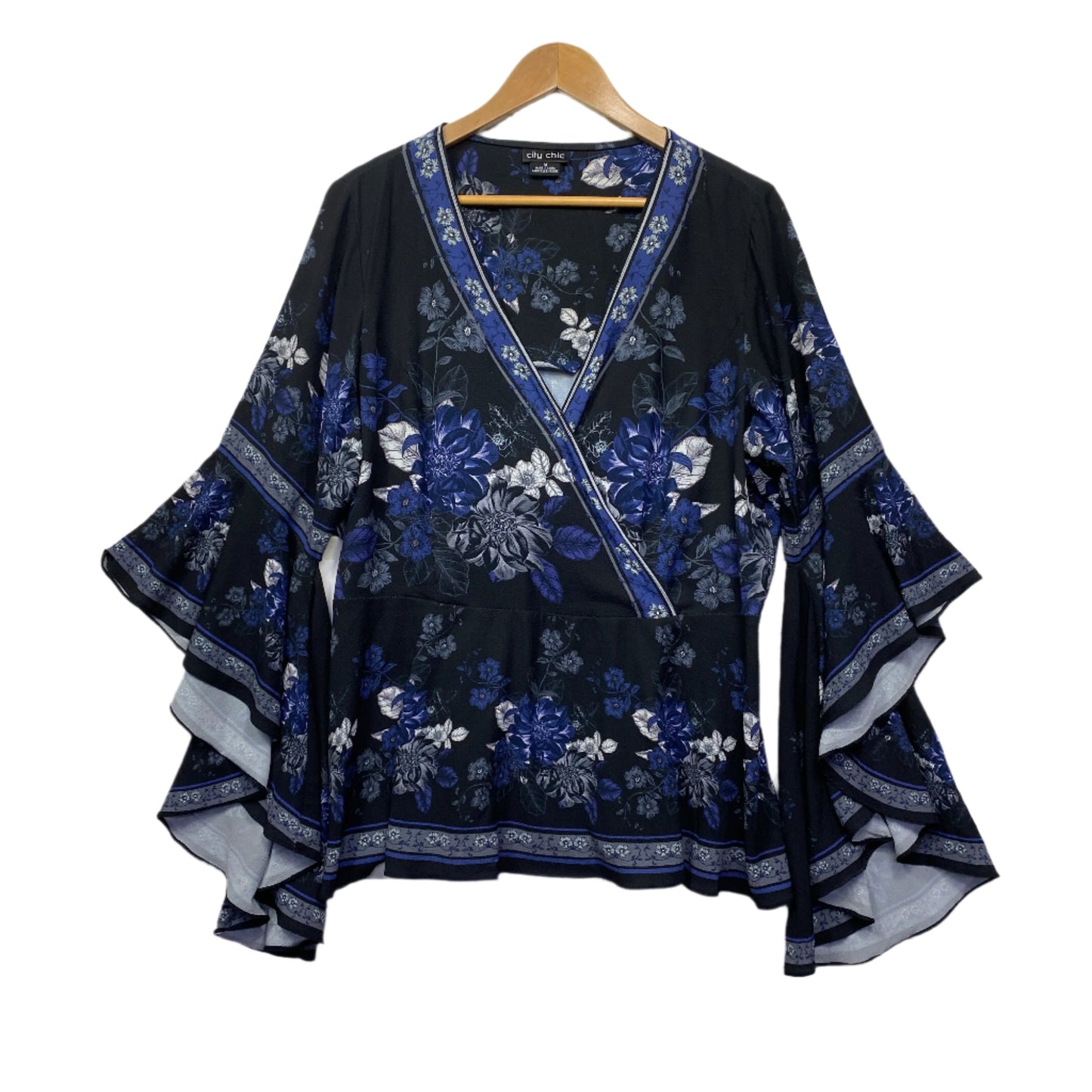 City Chic Top Size 18  Plus Medium Black Floral Bell Sleeve