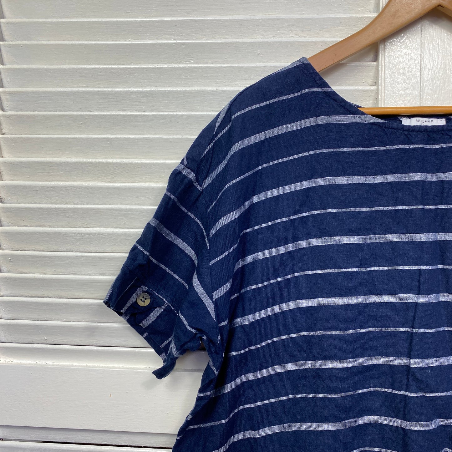 W Lane Linen Top Size 14 Navy Short Sleeve Striped