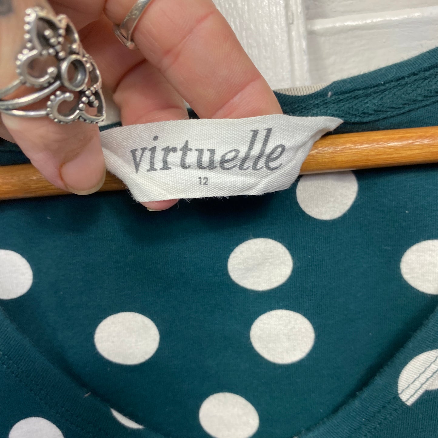 Virtuelle Top Size 12 14 Green White Polka Dots Short Sleeve