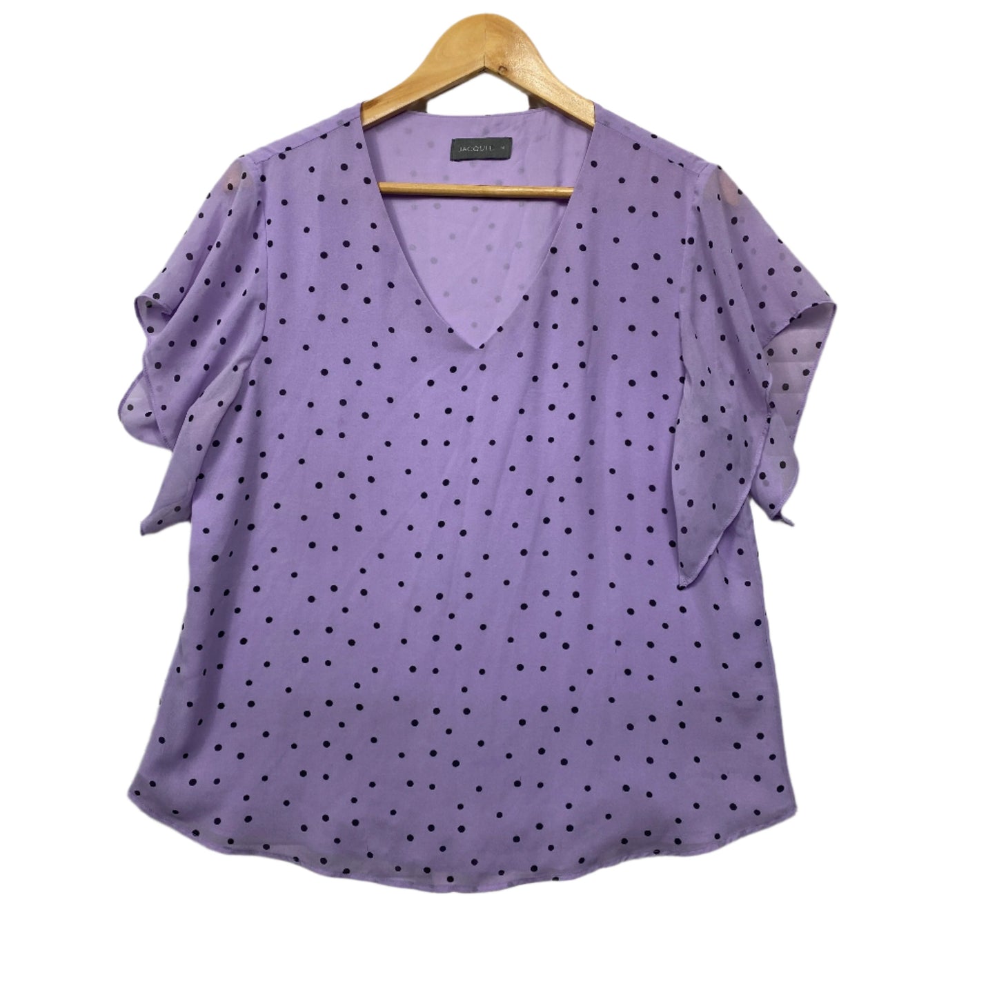 Jacqui E Top Size 14 Purple Black Polka Dots Ruffle Short Sleeve