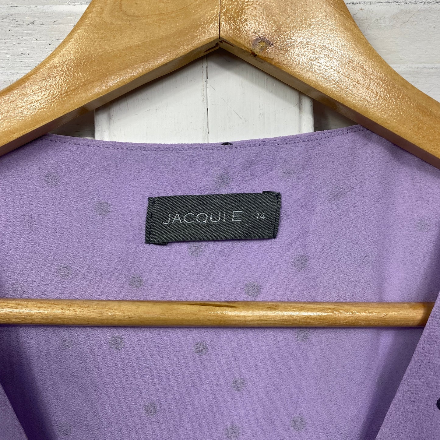 Jacqui E Top Size 14 Purple Black Polka Dots Ruffle Short Sleeve