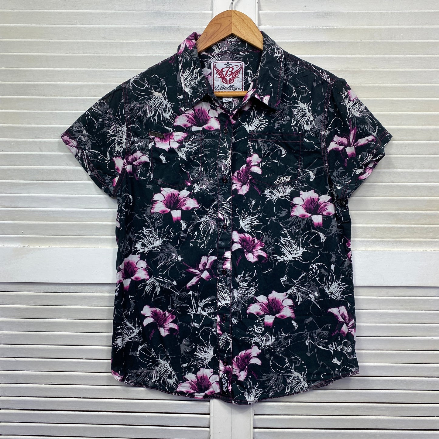 Bullzye Shirt Top Size 14 Short Sleeve Back Floral Button Up Western