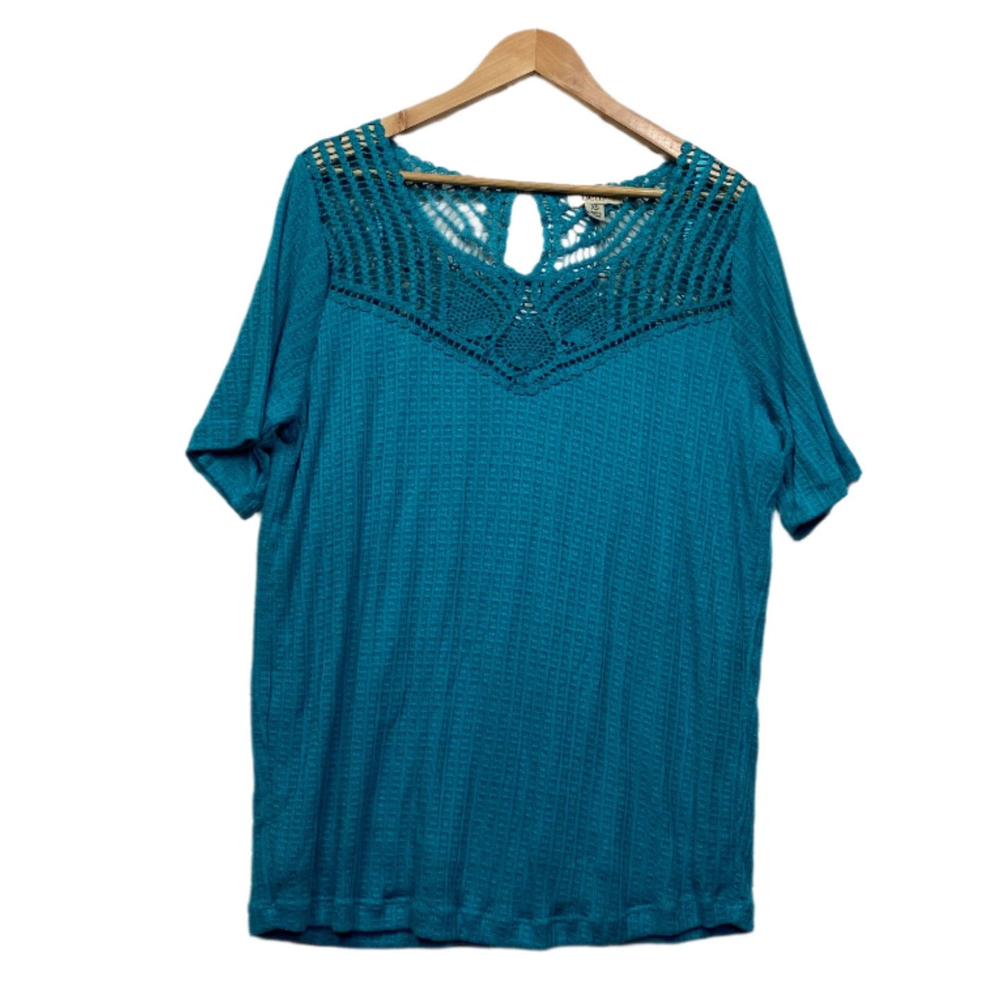 Beme Top Size 14 Plus XS Blue Teal Crochet Short Sleeve