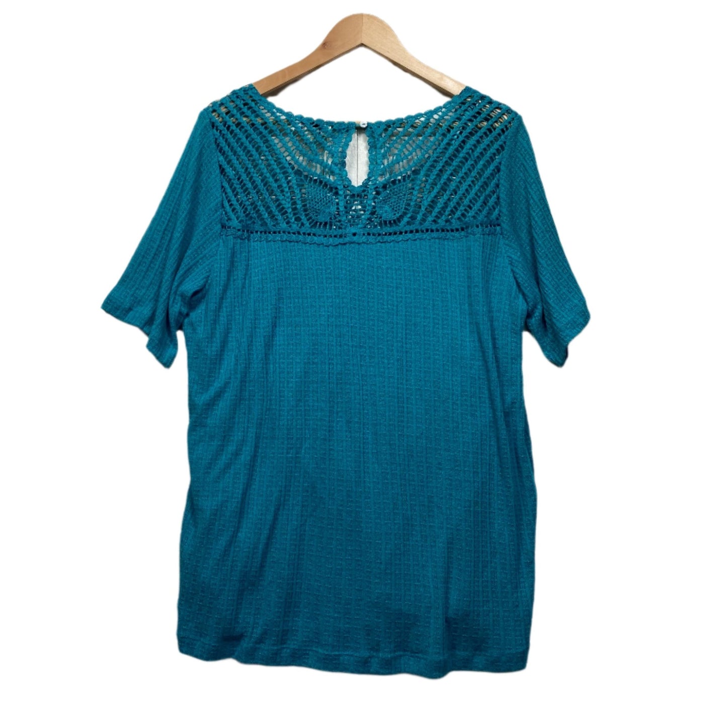 Beme Top Size 14 Plus XS Blue Teal Crochet Short Sleeve