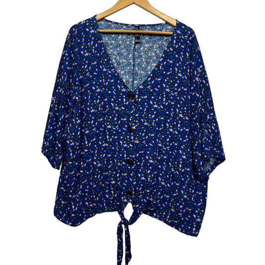 Edited Top Size 24 Plus Blue Floral Short Sleeve Front Tie Viscose