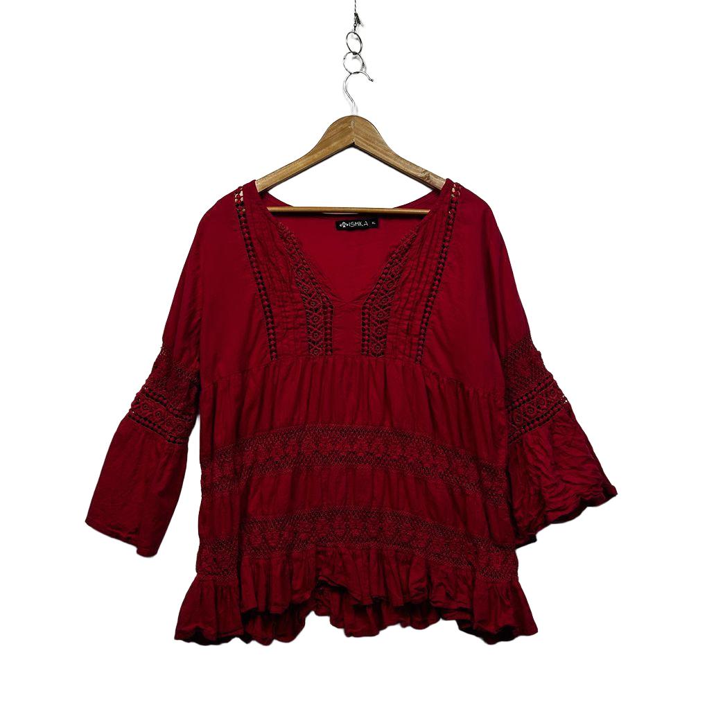 Ishka Red Embroidered Cotton Boho Top - Size XL