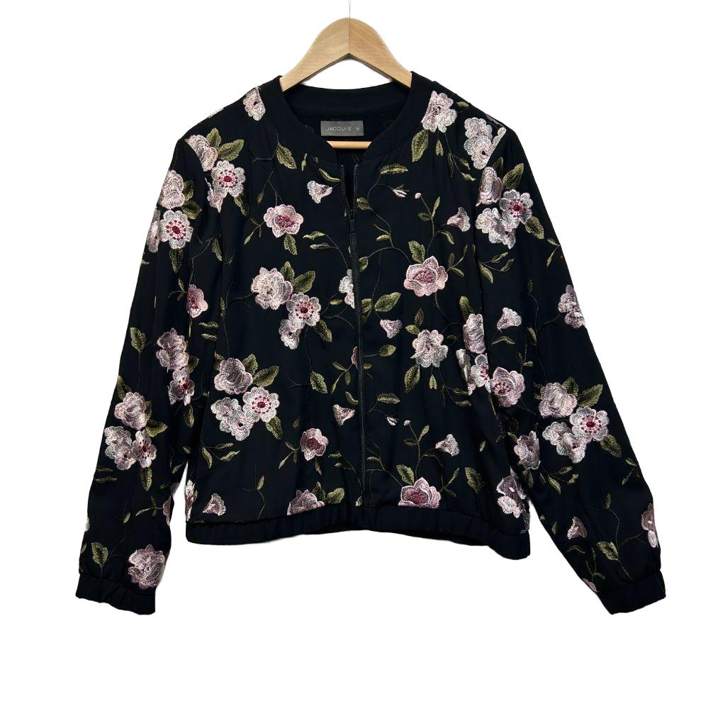 Jacqui E Black Embroidered Floral Jacket - Size 14