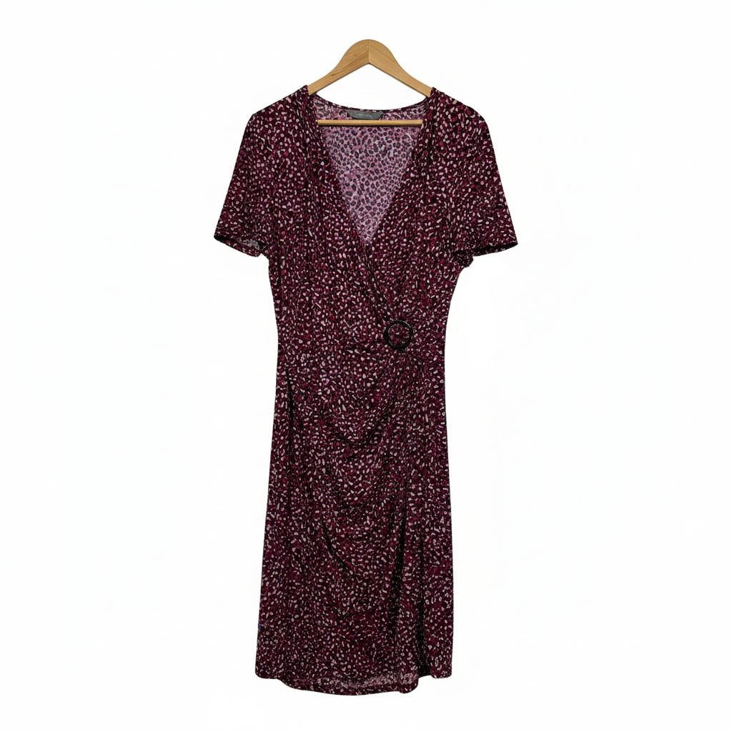 Jacqui E Burgundy and Pink Leopard Print Dress - Size L