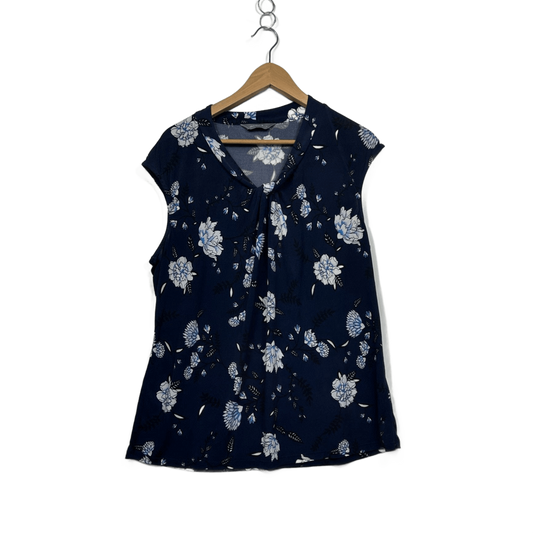 Jacqui E Navy Floral Short Sleeve Top Size 14 Large