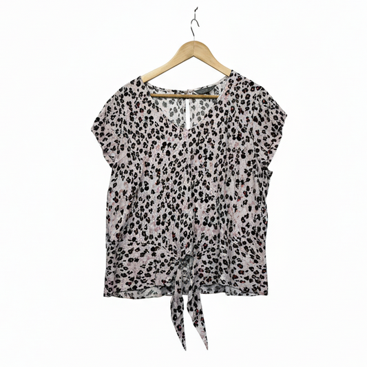Jacqui E Pink Black and Grey Leopard Print Top - Size 18