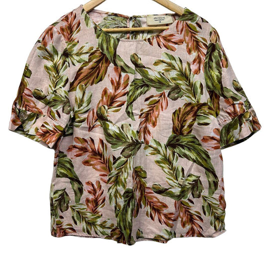Jacqui E Pink Leaf Print Linen Top - Size 14