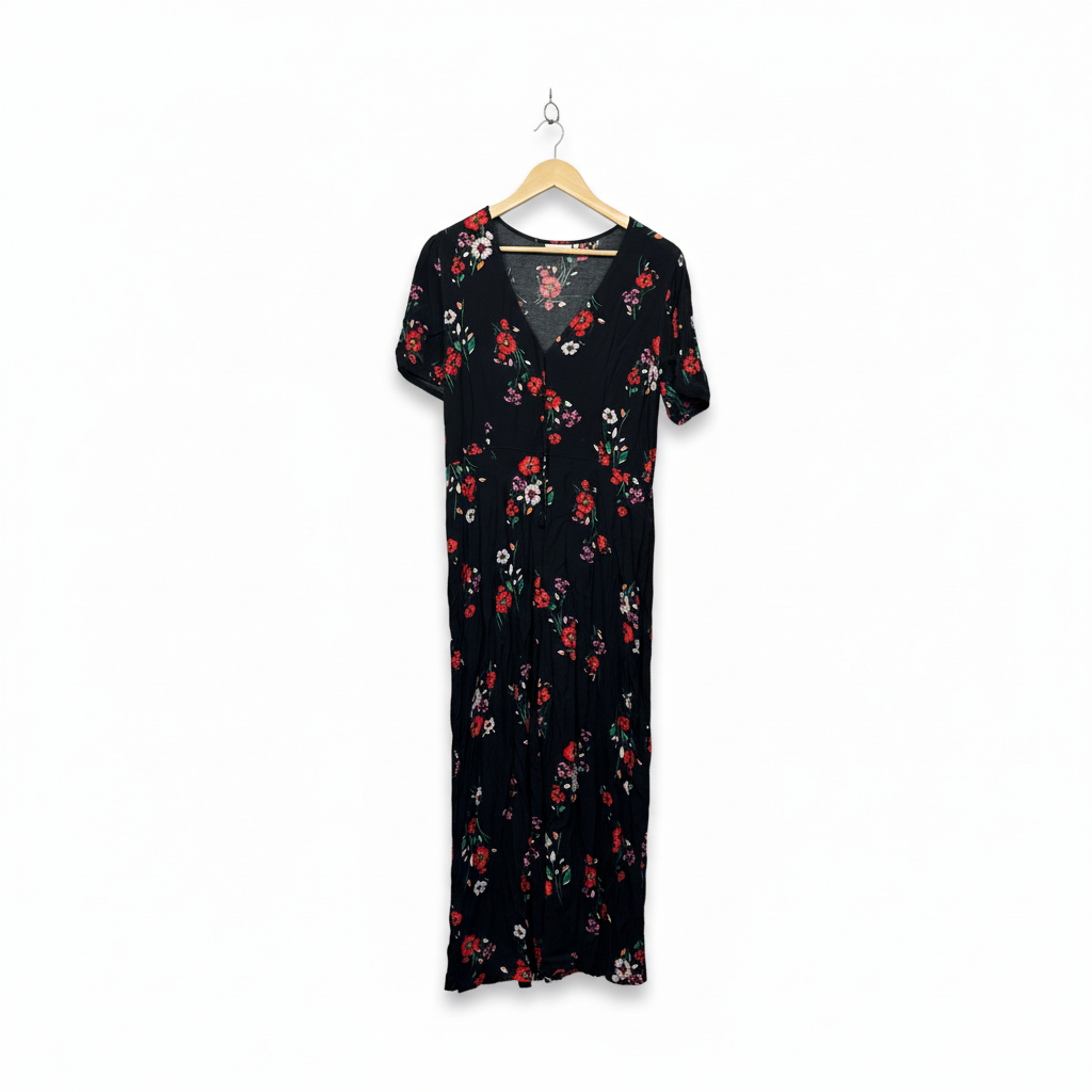 Jeanswest Black Floral Print Jumpsuit - Size 14