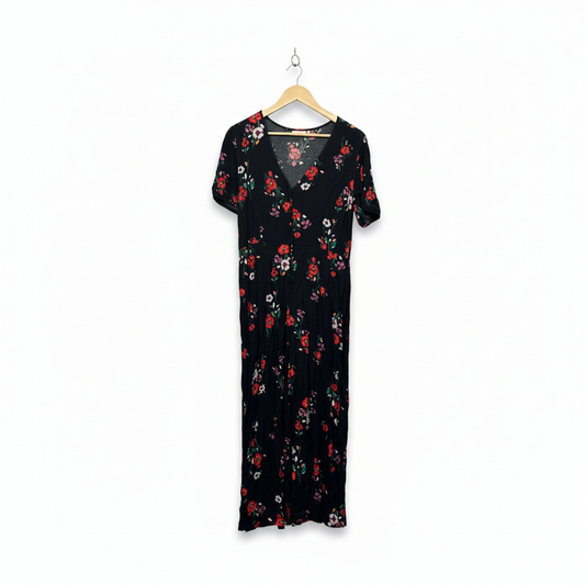 Jeanswest Black Floral Print Jumpsuit - Size 14