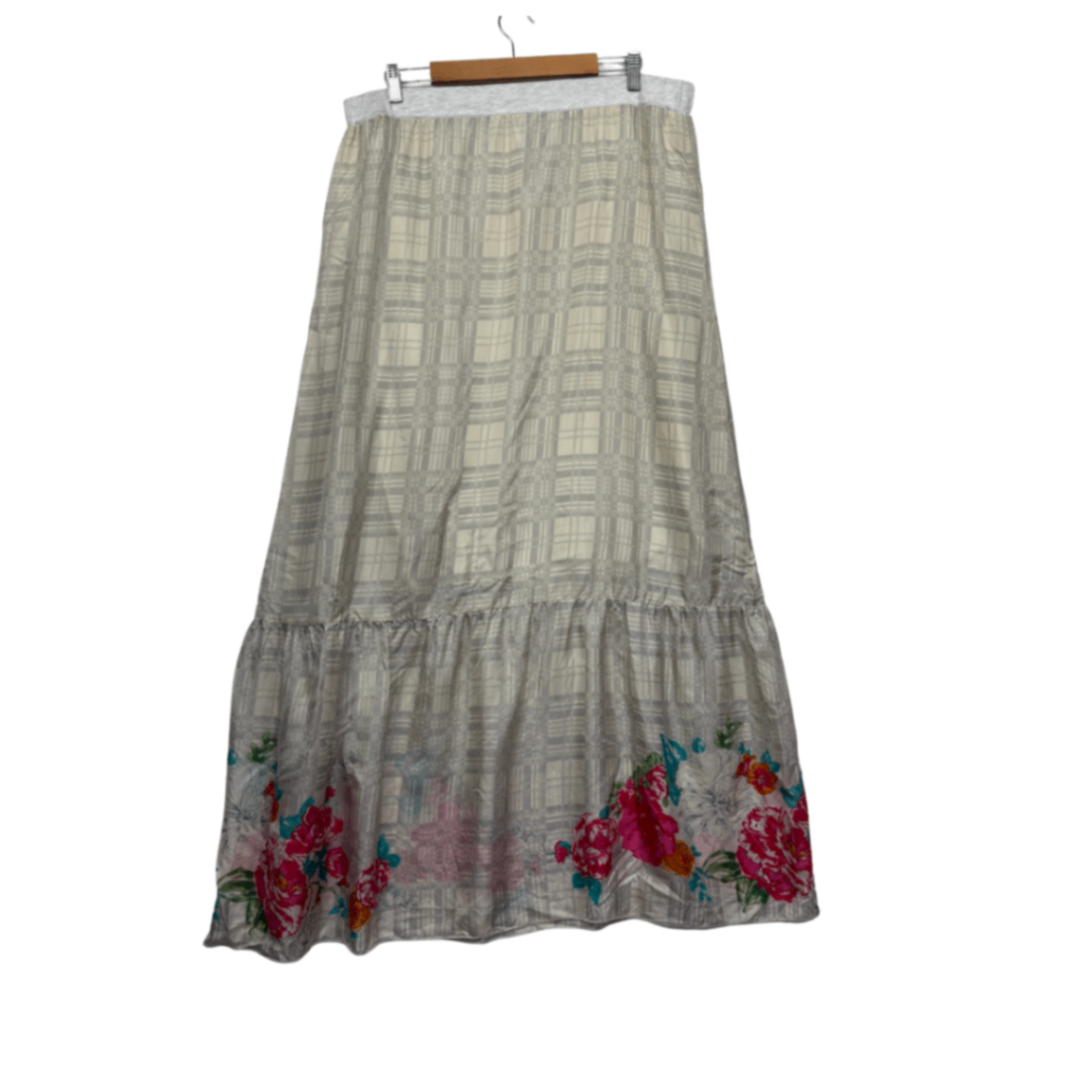 Johnny Was Silk Maxi Skirt Size XL Lined Long Length Floral Check Boho Lined
