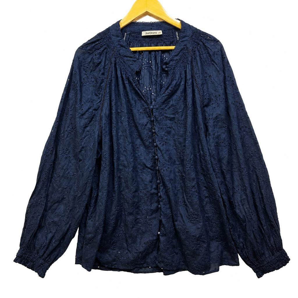 Just Jeans Navy Embroidered Cotton Top - Size 22