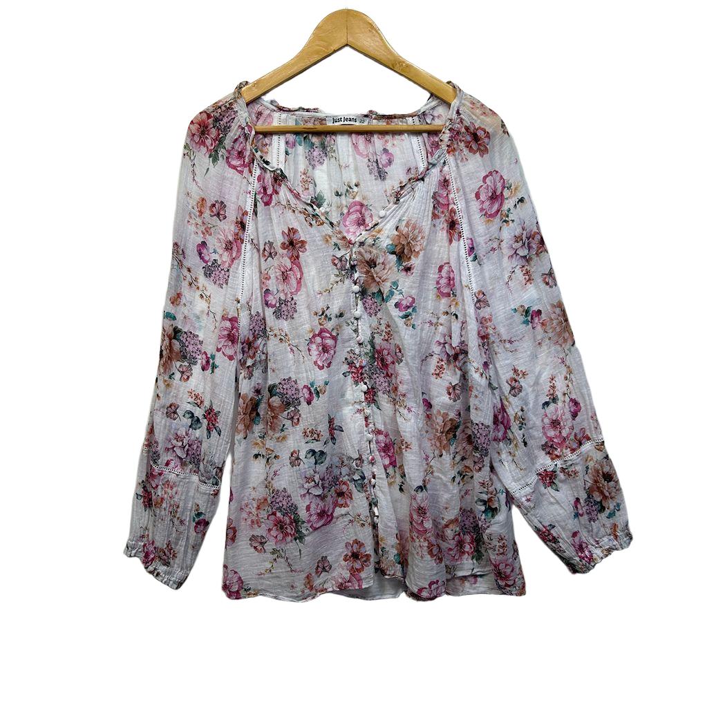 Just Jeans White Floral Cotton Top - Size 22