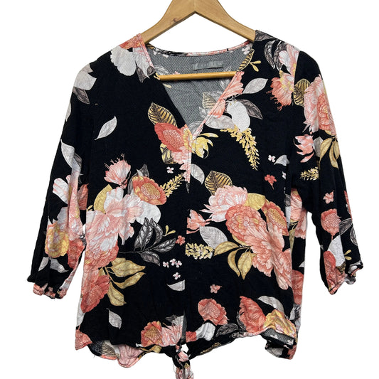 Katies Black Floral 3/4 Sleeve Top - Size 14
