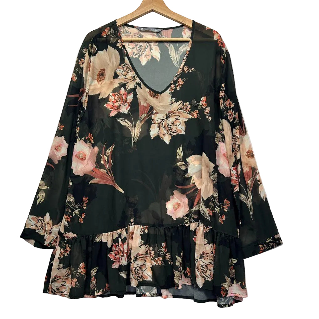 Katies Olive Floral Sheer Top - Size 20