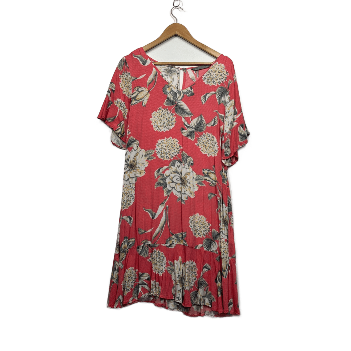 Katies Coral Floral Short Sleeve Knee Length Dress - Size 14