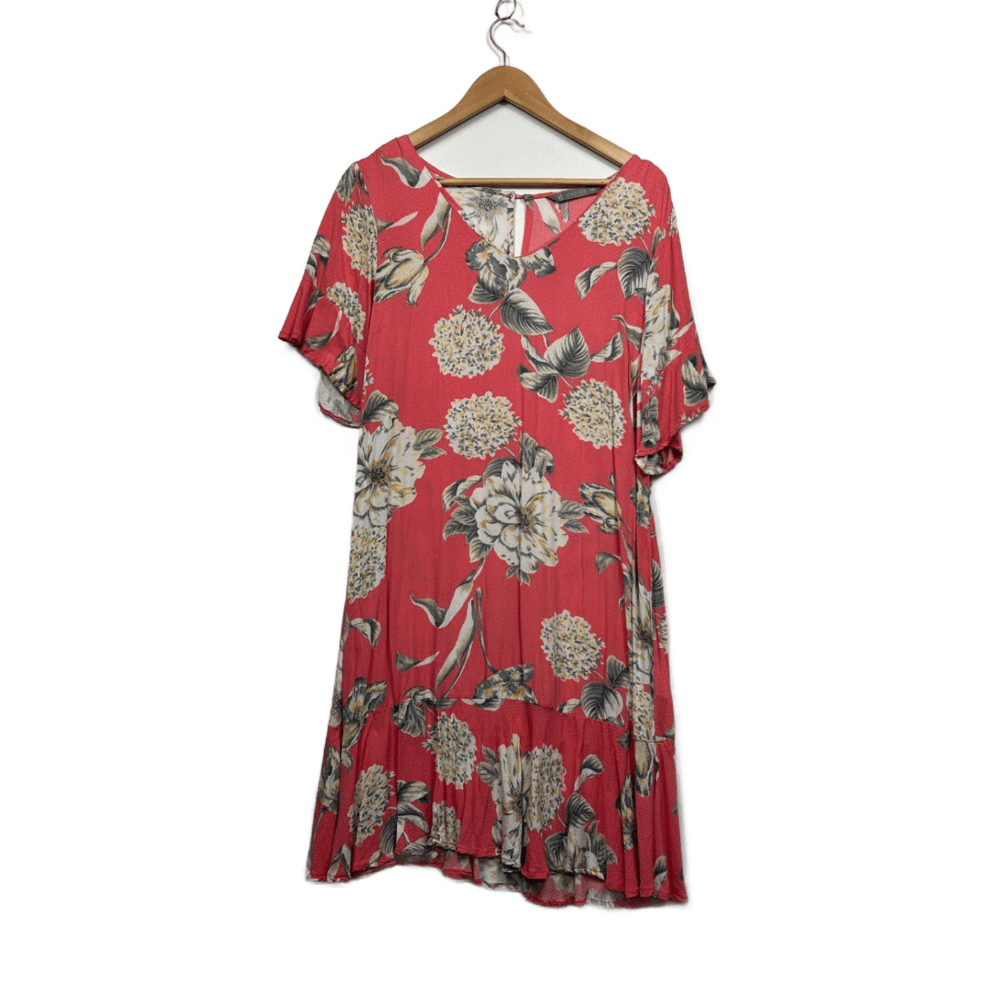 Katies Coral Viscose Short Sleeve Knee Length Floral Dress Size 14