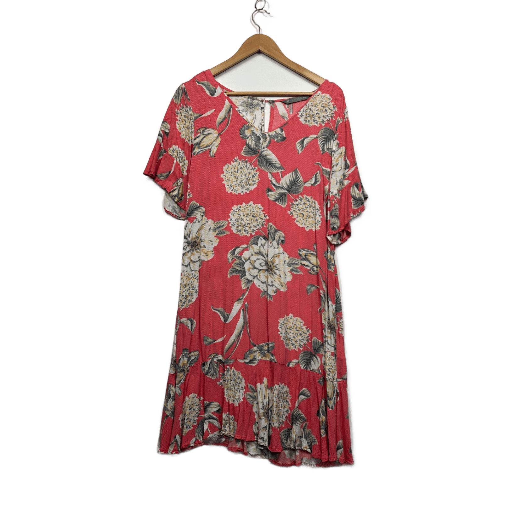 Katies Coral Viscose Short Sleeve Knee Length Floral Dress Size 14