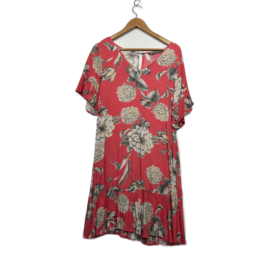 Katies Coral Viscose Short Sleeve Knee Length Floral Dress Size 14