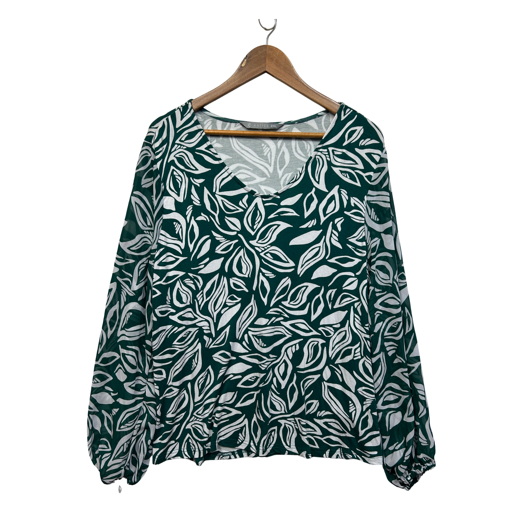 Katies Green & White Leaf Print Long Sleeve Blouse - Size 2XL