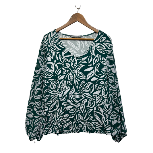 Katies Green & White Leaf Print Long Sleeve Blouse - Size 2XL