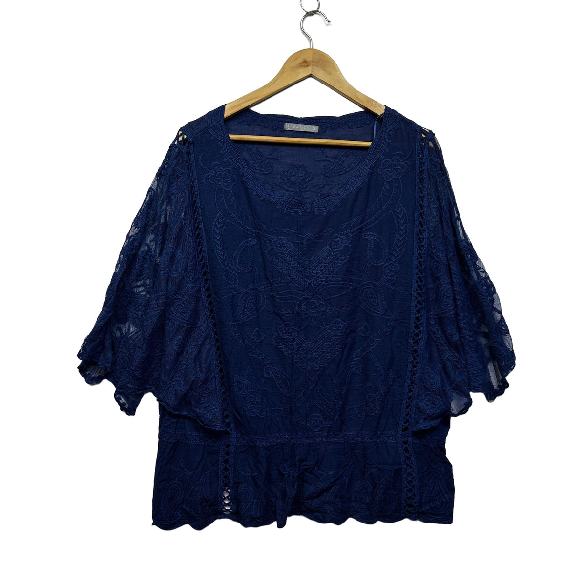 Katies Navy Embroidered Plus Size Cotton Top - Size 20
