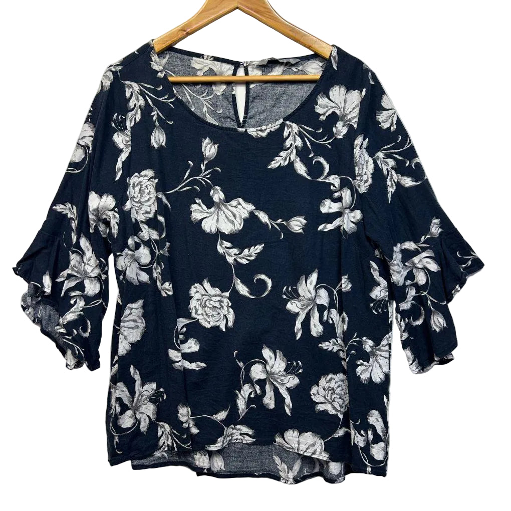 Katies Navy Linen Floral Top - Size 20
