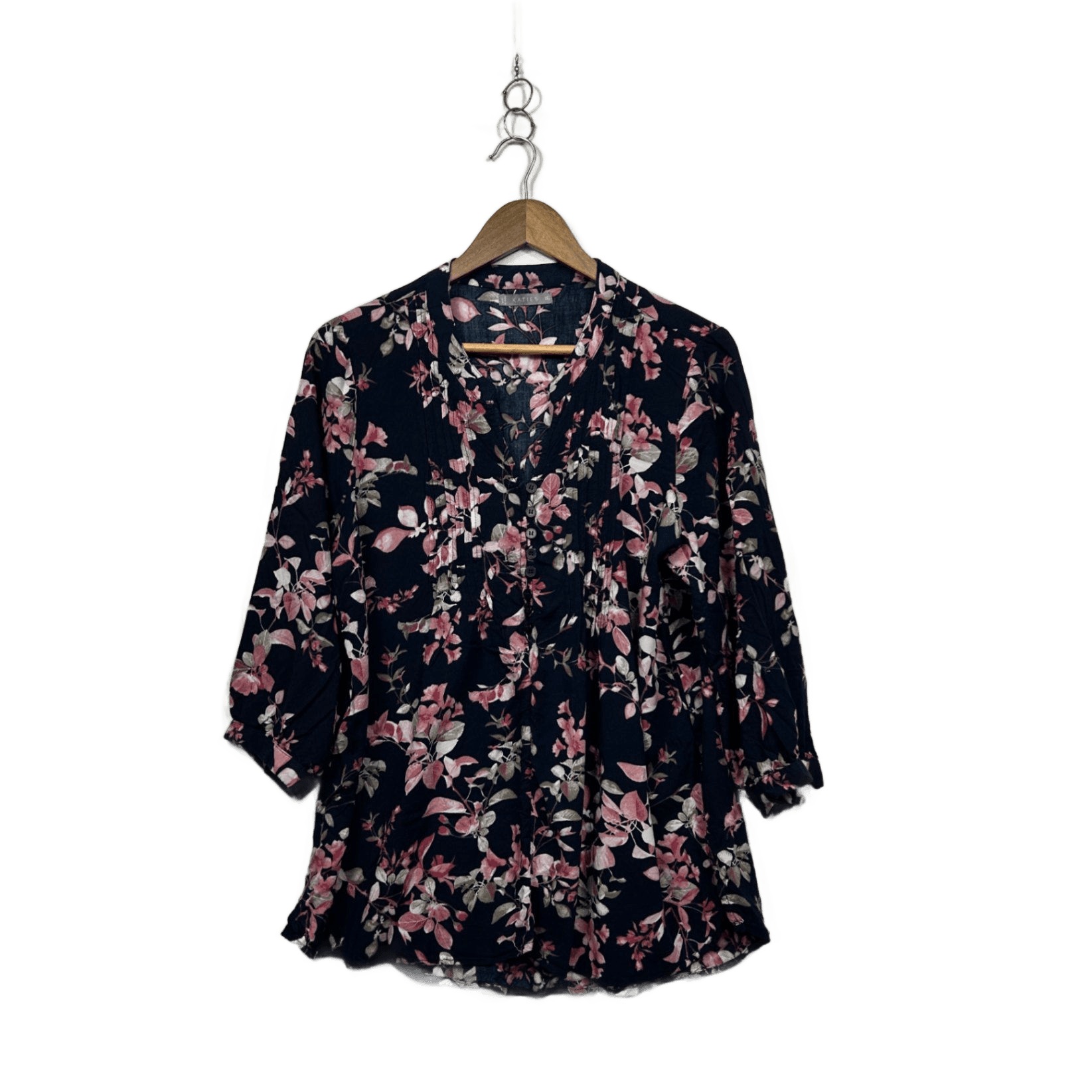 Katies Navy Pink Floral 3/4 Sleeve Linen Blend Blouse Size 16
