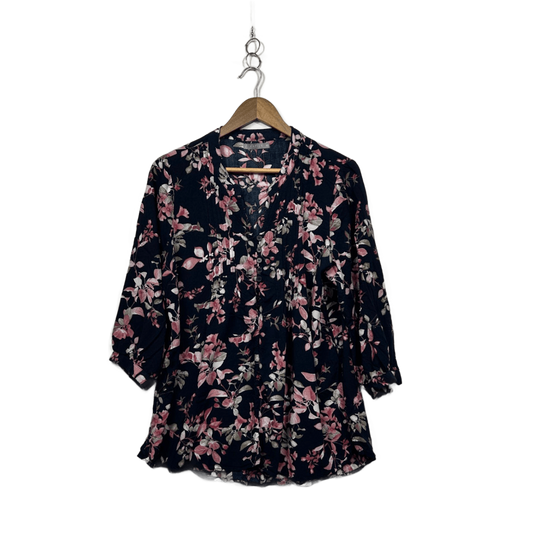 Katies Navy Pink Floral 3/4 Sleeve Linen Blend Blouse Size 16
