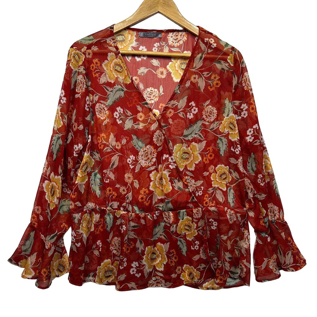 Katies Red Floral Sheer Top - Size 18