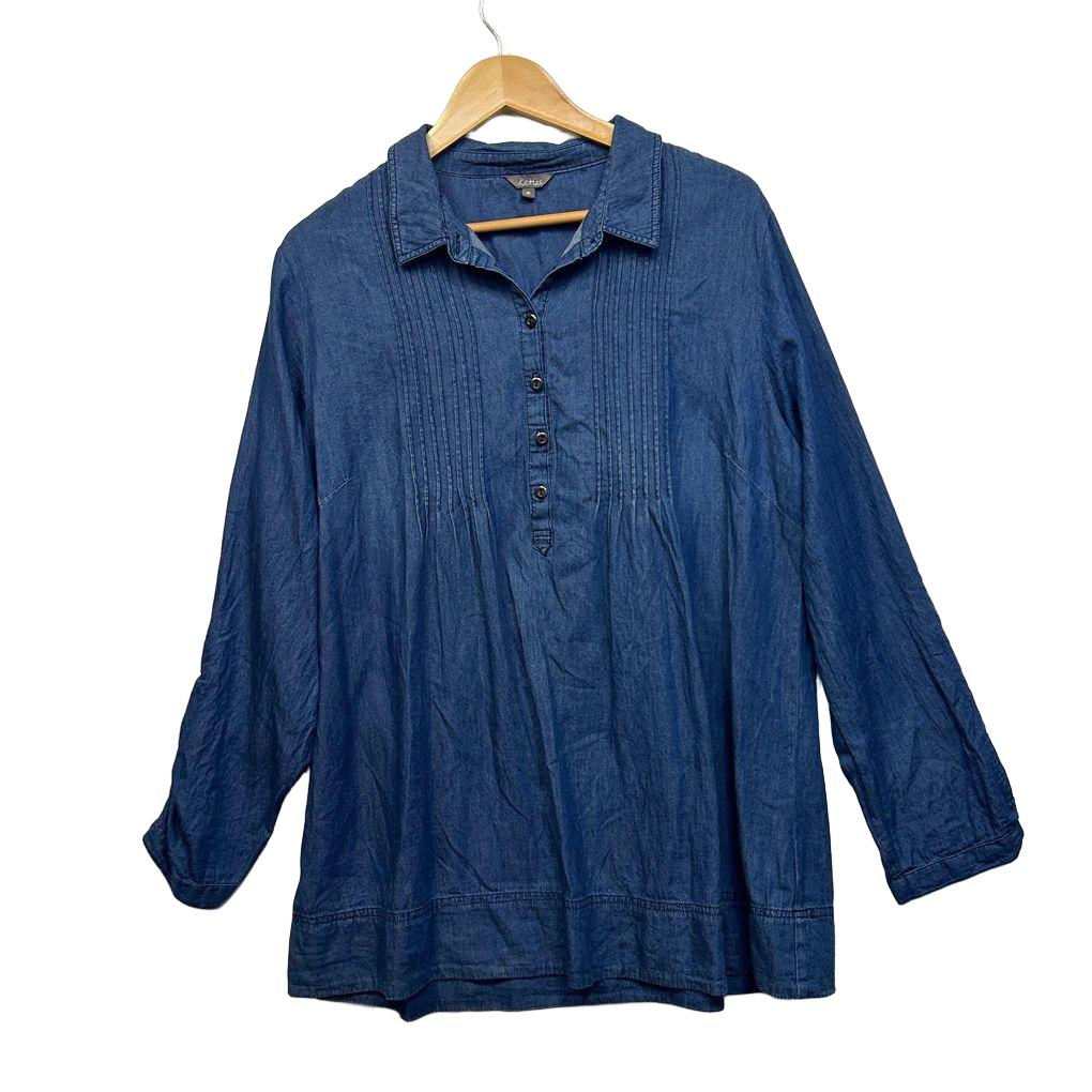 Katies Blue Chambray Pleated Long Sleeve Shirt - Size 18