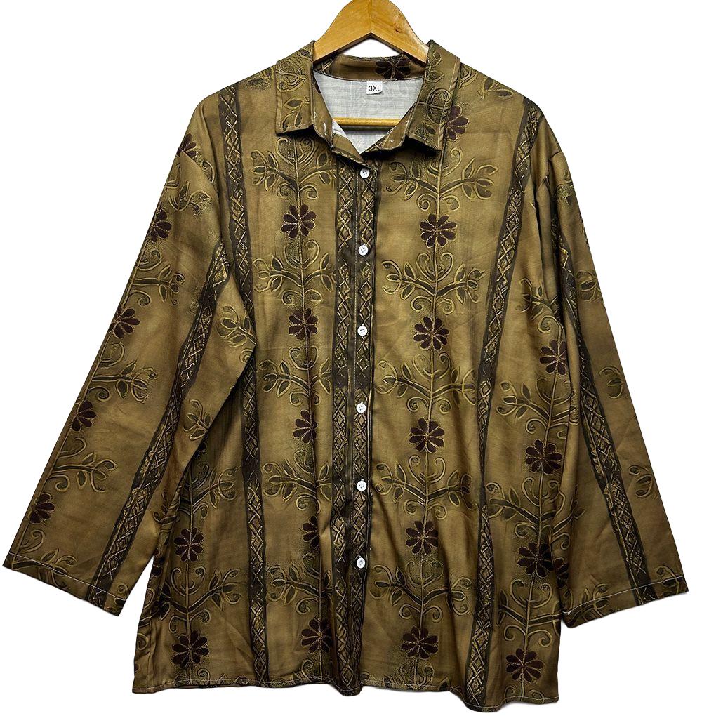 Khaki Button Up Long Sleeve Floral Top - Size 3XL