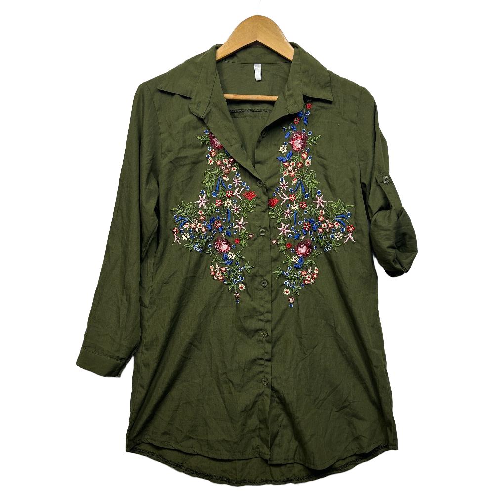 Khaki Cotton Embroidered Shirt - Size L
