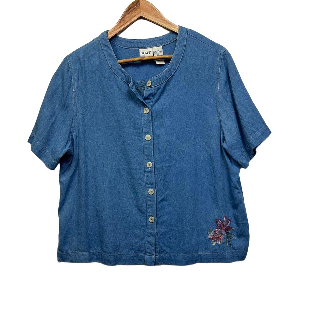 Vintage Blue Embroidered Made in Hong Kong Cotton Shirt - Size L