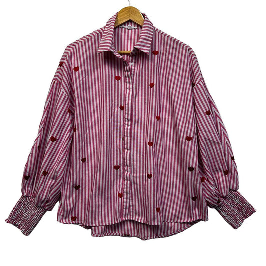 Label of Love Pink Striped Embroidered Hearts Cotton Shirt - Size L