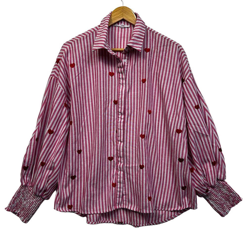 Label of Love Pink Striped Embroidered Hearts Cotton Shirt - Size L