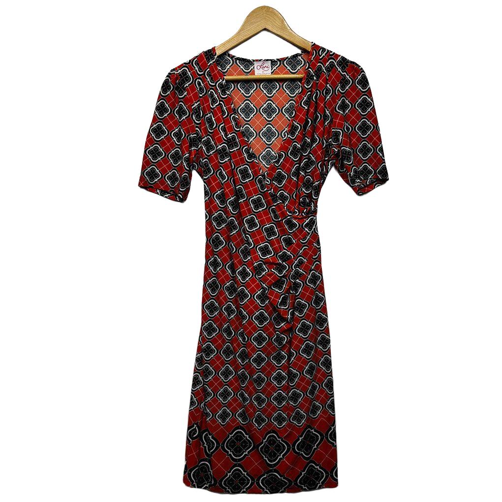 Leona Edmiston Orange Black Geometric Print Wrap Short Sleeve Dress - Size 12