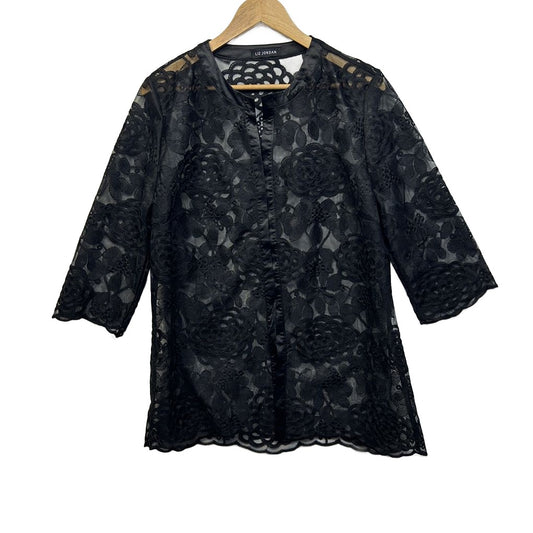 Liz Jordan Black Embroidered Sheer Jacket - Size 16