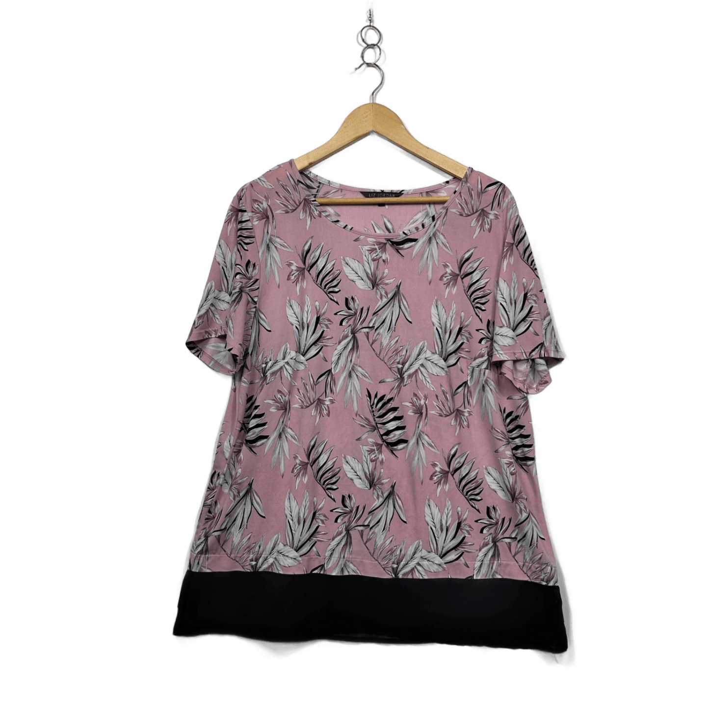 Liz Jordan Pink Black Floral Short Sleeve Top Blouse Size XL