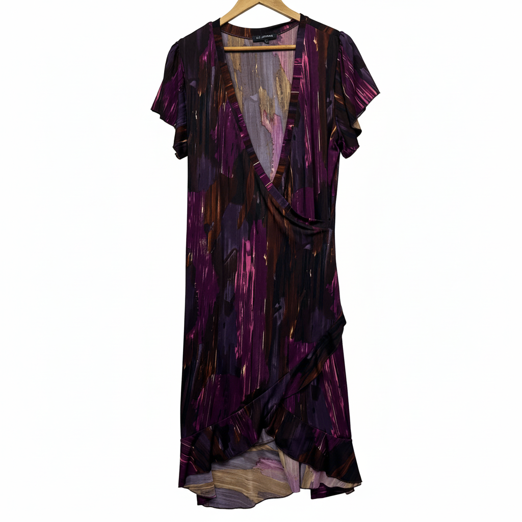 Liz Jordan Purple Multicoloured Abstract Faux Wrap Dress - Size L