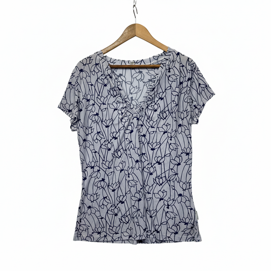 Liz Jordan White Blue Outline Floral Print Top - Size L